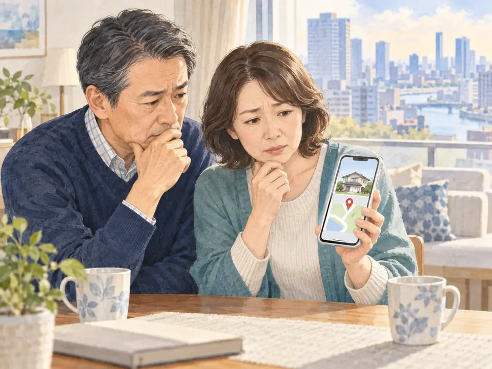 遠方の空き家をスマートフォンで確認する夫婦のイラスト