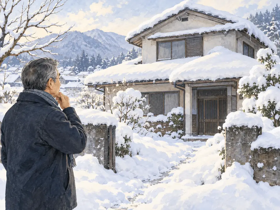 雪に覆われた空き家の管理を心配する男性のイラスト