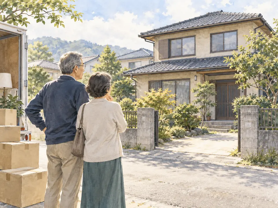 住み替え後の空き家を見つめる夫婦のイラスト