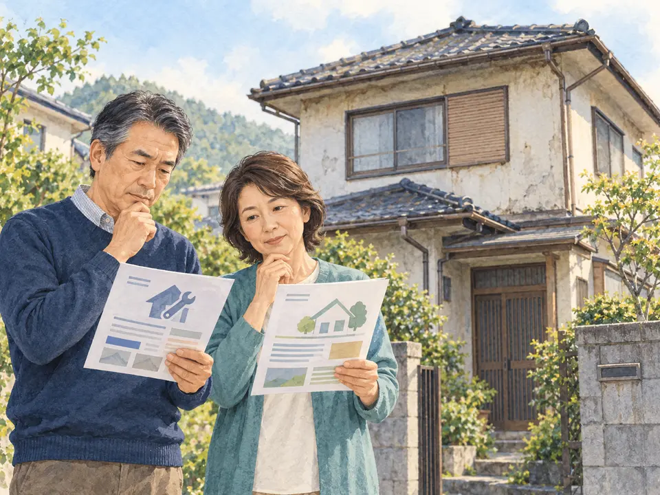 空き家の修繕と売却の資料を比較する夫婦のイラスト