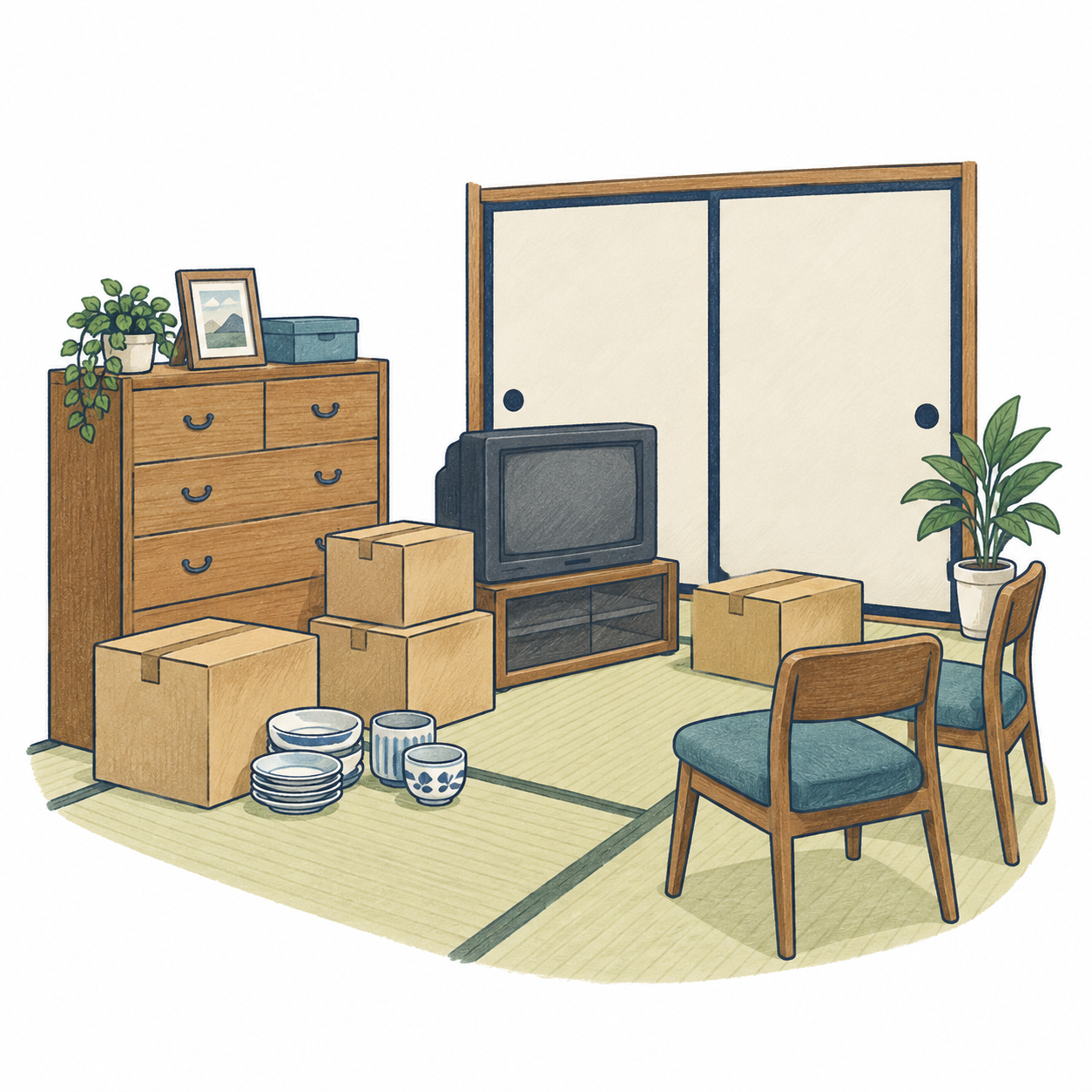 家具や段ボール、家財が残った室内のイラスト